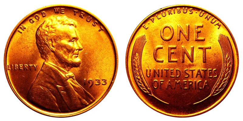 1933 Lincoln Wheat Penny obverse and reverse showing Lincoln portrait and wheat stalks