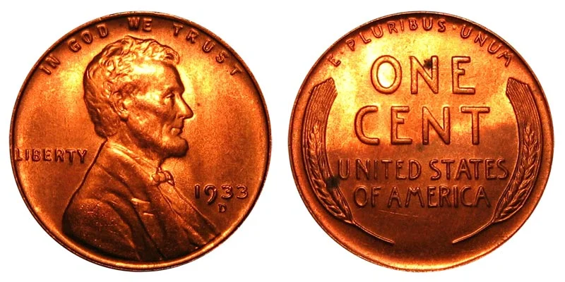 Side-by-side comparison of 1933 Philadelphia penny (no mint mark) versus 1933-D Denver penny showing D mint mark below the date