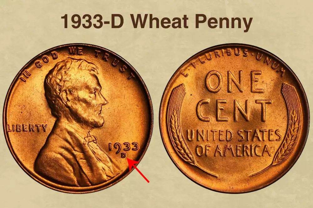 1933-D Lincoln Wheat Cent close-up showing D mint mark below date on obverse
