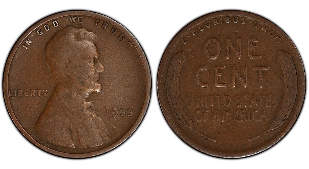 1933 Lincoln Wheat Penny grease-filled die error showing filled digit in the date with obscured number 9 or 3