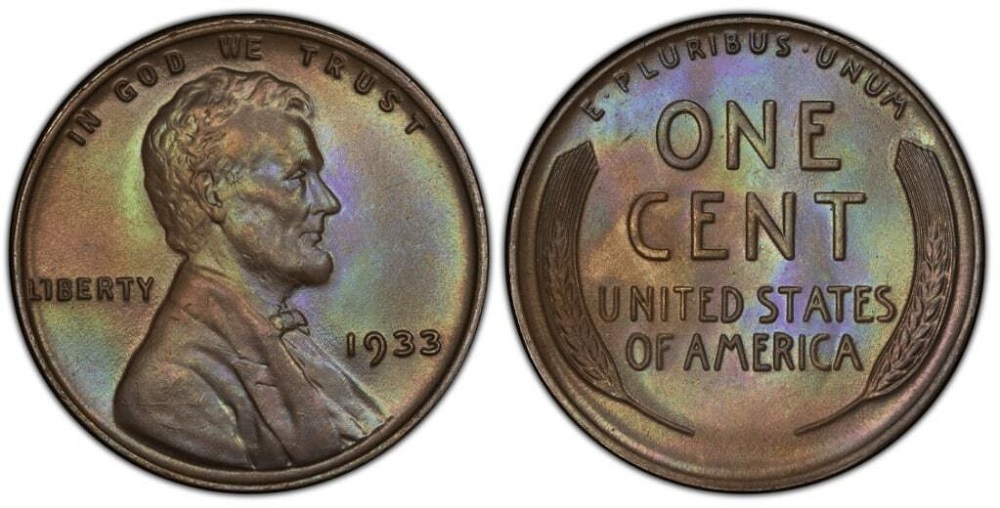1933 Lincoln Wheat Penny grading strip showing four condition tiers: Good worn, Fine circulated, Extremely Fine, and Uncirculated with original luster
